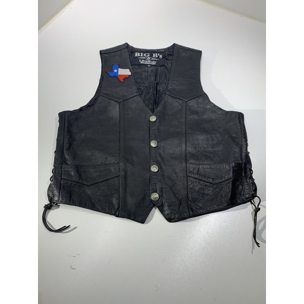 BIG B's Black Leather Vest Motorcycle Western 46   Harley Davidson Mason Patch